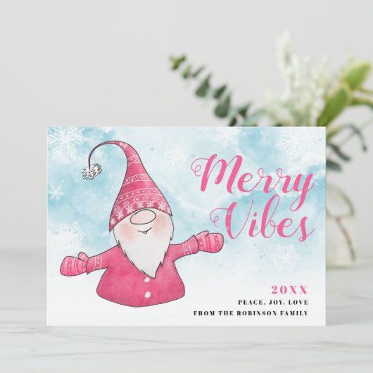 Cartes Pour Fêtes Annuelles Joyeux Vibes Snowy Blue mignon rose Gnome Noël (Debout devant)