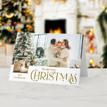 Cartes Pour Fêtes Annuelles Joyeux voeux de Noël avec Photo Insert Gold<br><div class="desc">Amusant Joyeux texte en or de Noël graphique dans une police personnalisée avec champ de texte modifiable,  petit carré photo insérer modèle et grand modèle photo arrière - plan. Tous les éléments sont personnalisables.</div>