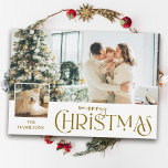 Cartes Pour Fêtes Annuelles Joyeux voeux de Noël avec Photo Insert Gold<br><div class="desc">Amusant Joyeux texte en or de Noël graphique dans une police personnalisée avec champ de texte modifiable,  petit carré photo insérer modèle et grand modèle photo arrière - plan. Tous les éléments sont personnalisables.</div>