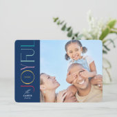 Cartes Pour Fêtes Annuelles JOYFUL FAMILLE PHOTO moderne élégant bleu coloré (Debout devant)