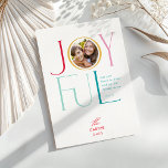 Cartes Pour Fêtes Annuelles JOYFUL FAMILY PHOTO modern elegant icon colorful<br><div class="desc">by kat massard >>> WWW.SIMPLYSWEETPAPERIE.COM <<< An elegant card design featuring the quote "JOYFUL" with combined elegant script type with serif typography,  and plain colour on the backside,  giving you the opportunity to handwrite a personal message. With trendy edged square shaped photo on the front for your favourite photo!</div>