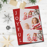 Cartes Pour Fêtes Annuelles Joyful Red 3 Family Photo Collage moderne Noël<br><div class="desc">Carte de collage photo de Noël rouge moderne avec 3 photos d'enfants dans un amusant motif de cliché superposant avec une bordure blanche et le mot Joyful écrit verticalement sur le côté. Trouvez vos trois photos préférées pour cette jolie carte de vacances en famille.</div>