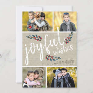 Cartes Pour Fêtes Annuelles Joyful Wish Beige Linen Noël 4 Photo Collage