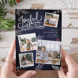 Cartes Pour Fêtes Annuelles Joyful Wish | Christmas Photo Collage Card<br><div class="desc">Beautiful typography based holiday photo card features four of your favorite square family photos in a collage layout. "Joyful Wishes" appears at the top in white hand lettered typography on a navy blue chalkboard background accented with white sketched leaves and red holly berries. Customize with your personal greeting, family names...</div>