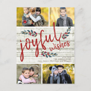 Cartes Pour Fêtes Annuelles Joyful Wish Rustic Red Christmas 4 Photo Collage