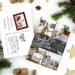 Cartes Pour Fêtes Annuelles Joyful Wishes Holiday Photo Collage Postcard<br><div class="desc">Beautiful typography based holiday Phopostcard features four of your favorite square familiy photos in a collage layout. "Joyful Wishes" appears in the center in white hand siged typography on a charcoal gray chalkboard background accented with white sketched leaves and red holly berries. Customize with your personal greeting, familiale name and...</div>
