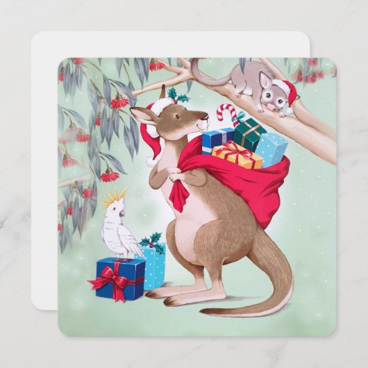Cartes Pour Fêtes Annuelles Kangaroo Père Noël Sac Possum Cockatoo Joyeux Noël (Devant / Derrière)