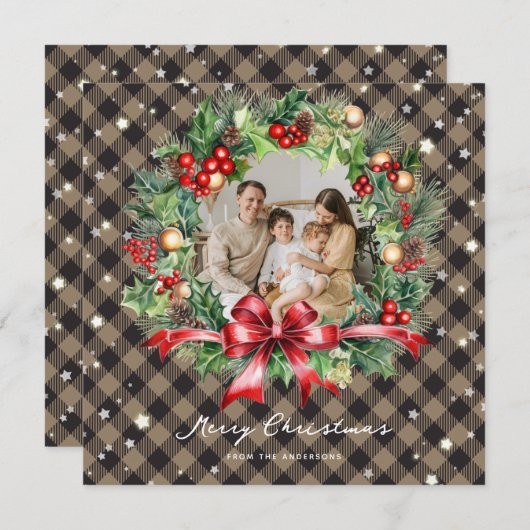 Cartes Pour Fêtes Annuelles Khaki Buffalo Plaid Wreath Stars Photo Noël (Devant / Derrière)