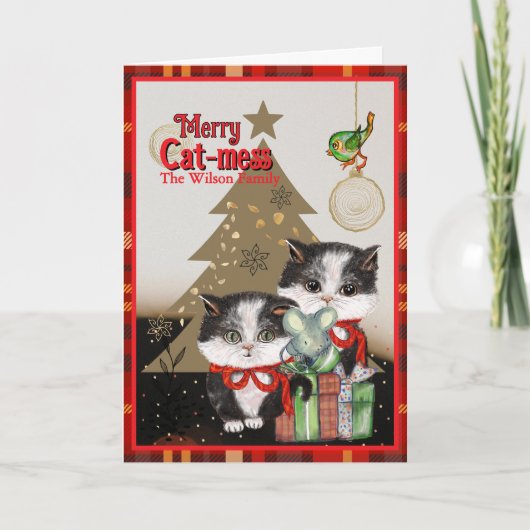Cartes Pour Fêtes Annuelles Kittens Merry Cat-mess Card | Red Plaid Christmas (Devant)