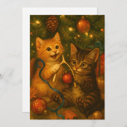 Cartes Pour Fêtes Annuelles Kittens & Turkey Wishbone Under Christmas Tree (Devant / Derrière)