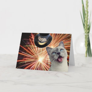 Cartes Pour Fêtes Annuelles Kitty avec feux d'artifice