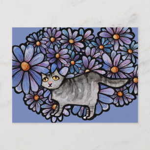 Cartes Pour Fêtes Annuelles Kitty Chat Purple Daisées Gris Chat Art Gris Chats