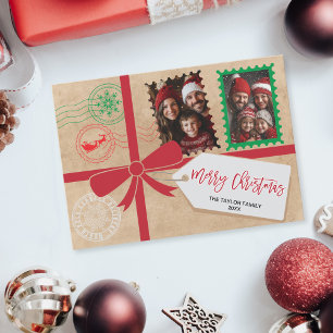 Cartes Pour Fêtes Annuelles Kraft Red Green Cadeau Bow Photo Joyeux Noël
