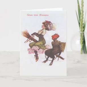 Cartes Pour Fêtes Annuelles Krampus sur un balai avec une femme