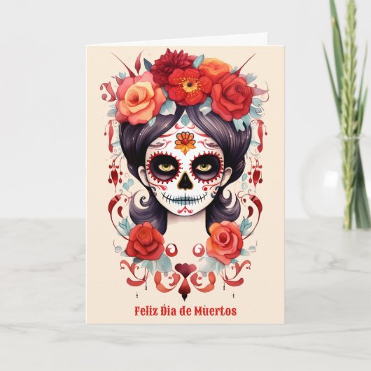 Cartes Pour Fêtes Annuelles La Calavera Catarina en Flores Rojas (Devant)