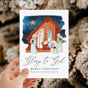 Cartes Pour Fêtes Annuelles La Nativité de l'aquarelle Gloire à Dieu Non-Photo
