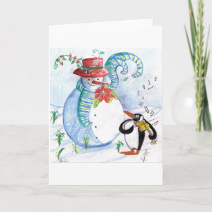 CARTES POUR FÊTES ANNUELLES LA SÉRÉNADE HIVERNALE DE SNOWMAN ET PENGUIN