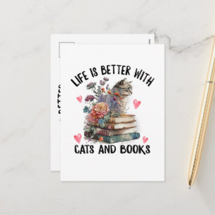 Cartes Pour Fêtes Annuelles La vie est meilleure avec des chats et des livres 