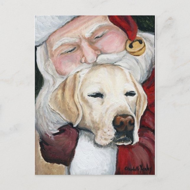 Cartes Pour Fêtes Annuelles "Lab Gets Santa Hugs" Art Christmas Postcard (Devant)