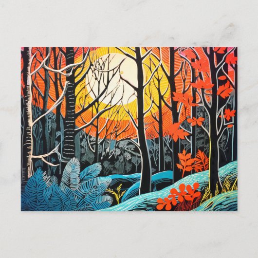 Cartes Pour Fêtes Annuelles L'abstraction dans une forêt de Linocut captivante (Devant)