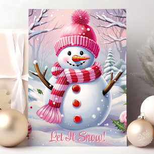 Cartes Pour Fêtes Annuelles Laisser neiger mignon Snowman rose