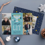 Cartes Pour Fêtes Annuelles Laissons-nous ! | Funny Hanoukka Photo Collage Car<br><div class="desc">Il est temps de s'allumer... la menorah, c'est ça ! Un carte photo Hanoukka amusant présente "Let's get light" sous une illustration de menorah avec des étoiles bleues et blanches. Ajoutez quatre de vos photos préférées dans une mise en page collage, avec vos noms et un accueil Hanoukka personnalisé. Personnalisez...</div>