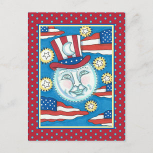 CARTES POUR FÊTES ANNUELLES L'AMÉRICANA FOLK ART PATRIOTIQUE HOMME DANS LA LUN