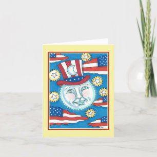 CARTES POUR FÊTES ANNUELLES L'AMÉRICANA FOLK ART PATRIOTIQUE HOMME DANS LA LUN