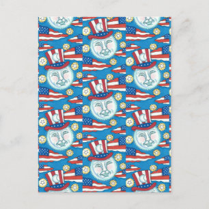 CARTES POUR FÊTES ANNUELLES L'AMÉRICANA FOLK ART PATRIOTIQUE HOMME DANS LA LUN