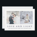 Cartes Pour Fêtes Annuelles L'amour et allument la photo moderne de | Hanoukka<br><div class="desc">Cette carte élégante et simple de Hanoukka comporte deux de vos photos personnelles,  et les mots "aiment et s'allument" en texte bleu de minuit. Le dos contient une conception feuillue à la mode pour un regard totalement élégant de vacances.</div>