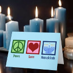 Cartes Pour Fêtes Annuelles L'amour pour la paix Hanoukka<br><div class="desc">Peace Love Hanoukka cartes pour une famille juive qui aime célébrer Chanukah. Joli signe de paix,  coeur,  et une belle menorah sur une carte bleue à envoyer à des amis et à la famille.</div>