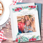 Cartes Pour Fêtes Annuelles Lanterne Poinsettia Décontracté Script Photo de No<br><div class="desc">Carte photo de Noël avec une de vos photos préférées. La carte de vacances est écrite avec un script décontracté et une typographie classique, le tout est modifiable. Le modèle photo est configuré pour afficher votre image au format carré. Le design a des guirlandes aquarelles de verdure hivernale et des...</div>