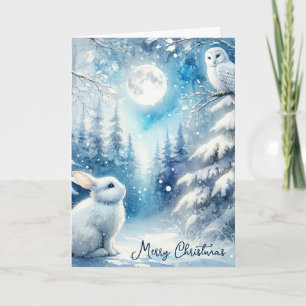 Cartes Pour Fêtes Annuelles Lapin Aquarelle Et Chouette Neige