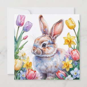 Cartes Pour Fêtes Annuelles Lapin aquarelle et fleurs de printemps