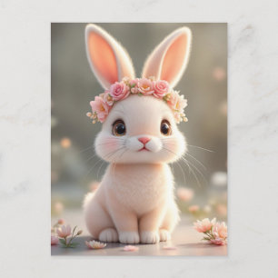 Cartes Pour Fêtes Annuelles Lapin bébé mignon avec une couronne de fleurs