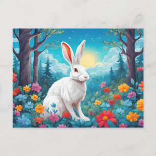 Cartes Pour Fêtes Annuelles Lapin blanc avec fleurs de forêt Nature 