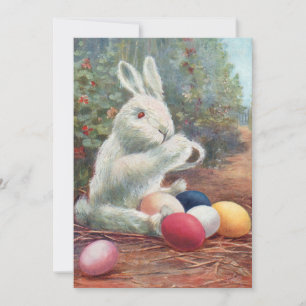 Cartes Pour Fêtes Annuelles Lapin blanc Vintage doux avec oeufs de Pâques