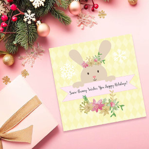 Cartes Pour Fêtes Annuelles Lapin de neige brun rose or poinsettia Hoppy
