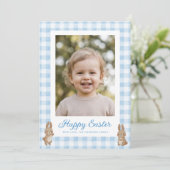 Cartes Pour Fêtes Annuelles Lapin de Pâques à carreaux bleus Photo (Debout devant)