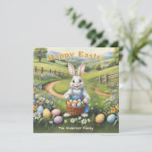 Cartes Pour Fêtes Annuelles Lapin de Pâques avec Panier d'oeufs mignon printem (Debout devant)