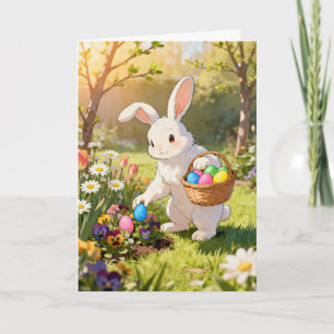 Cartes Pour Fêtes Annuelles Lapin de Pâques cachant des œufs dans un jardin