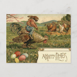 Cartes Pour Fêtes Annuelles Lapin de Pâques Coq Œuf Coloré Chevauchant