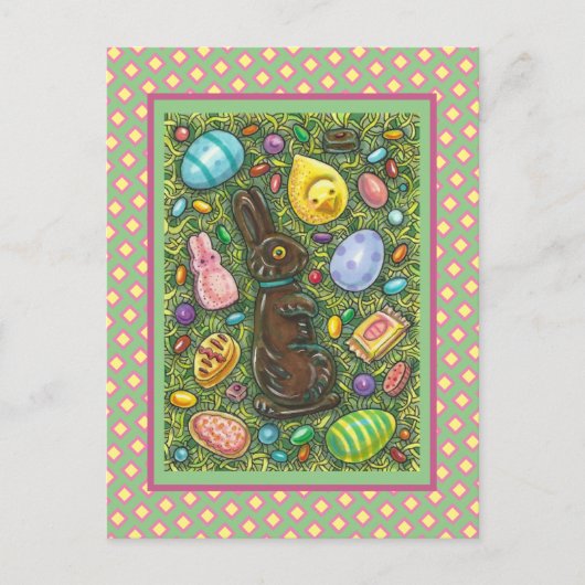 CARTES POUR FÊTES ANNUELLES LAPIN DE PÂQUES EN CHOCOLAT, POUSSIN, ŒUFS, BONBON (Devant)