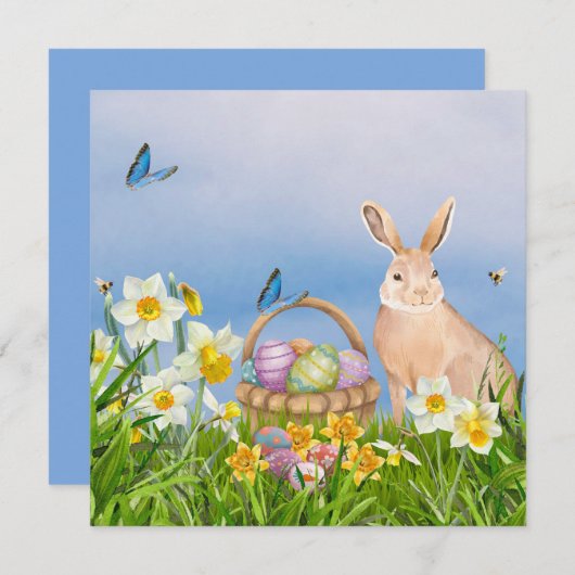 Cartes Pour Fêtes Annuelles Lapin de Pâques et jonquilles (Devant / Derrière)