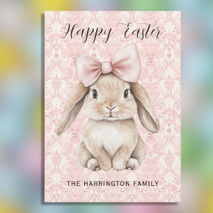 Cartes Pour Fêtes Annuelles Lapin de Pâques heureux avec un nœud sur fond dama