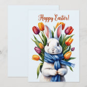 Cartes Pour Fêtes Annuelles Lapin de Pâques heureux et fleurs de tulipes  (Devant / Derrière)