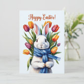 Cartes Pour Fêtes Annuelles Lapin de Pâques heureux et fleurs de tulipes  (Debout devant)