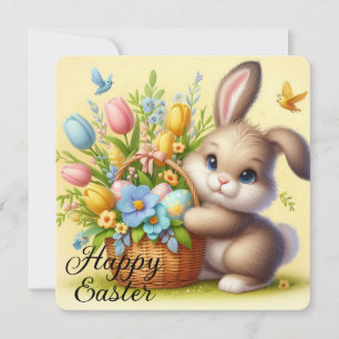 Cartes Pour Fêtes Annuelles Lapin de Pâques mignon avec des fleurs et un panie
