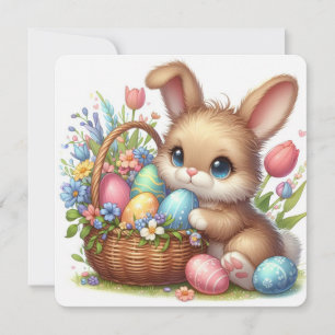 Cartes Pour Fêtes Annuelles Lapin de Pâques mignon avec œufs, fleurs et panier