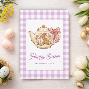 Cartes Pour Fêtes Annuelles Lapin de Pâques Personnalisé Théière Gingham Famil